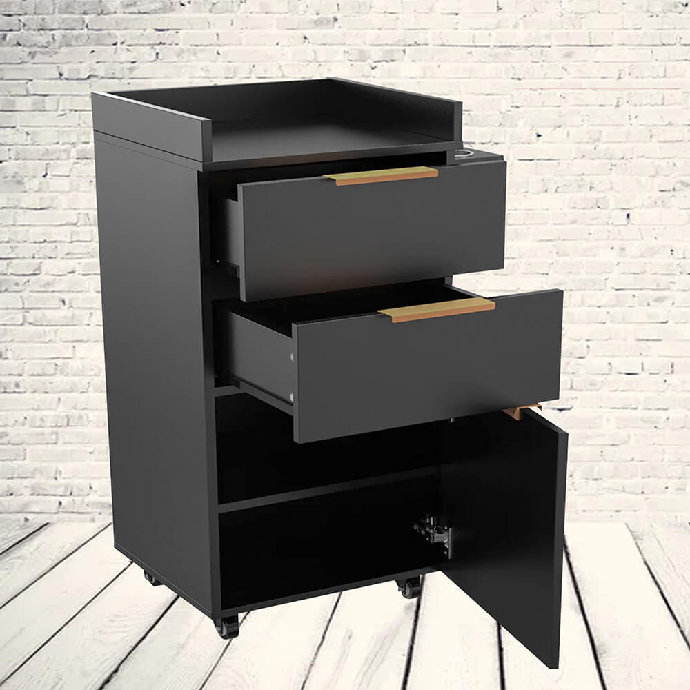 A black free-standing wooden glide pro cart with multiple drawers and open shelves, featuring gold-colored metal handles and a closed cabinet on the right side.