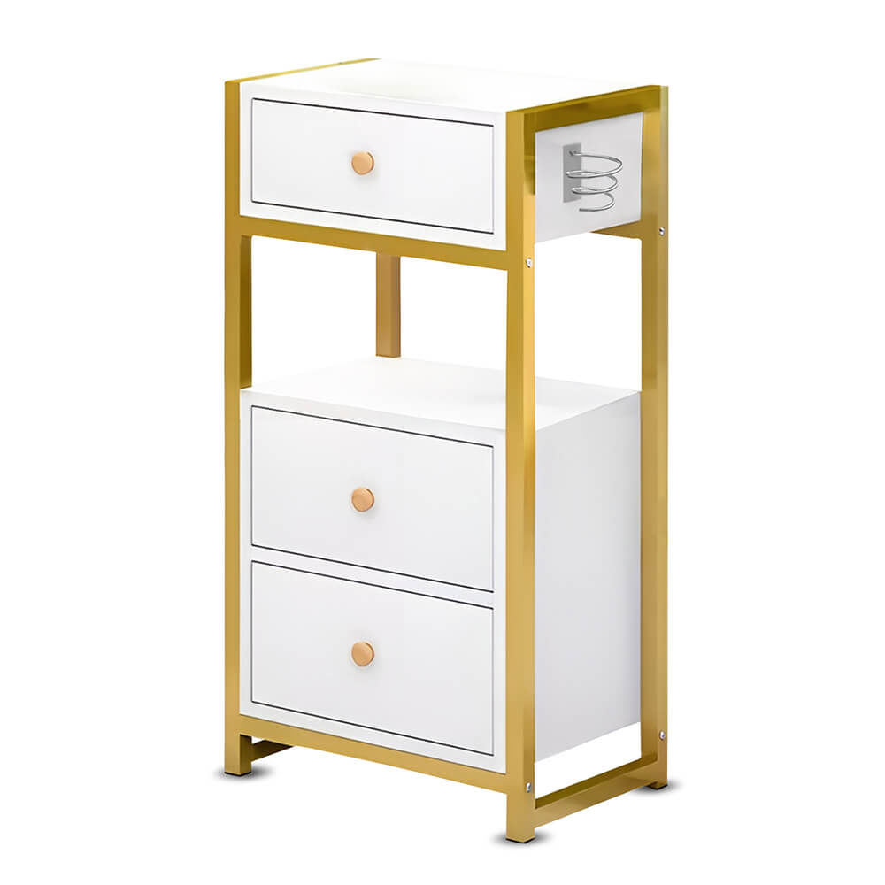 A white storage cabinet with three drawers and gold metal frame.