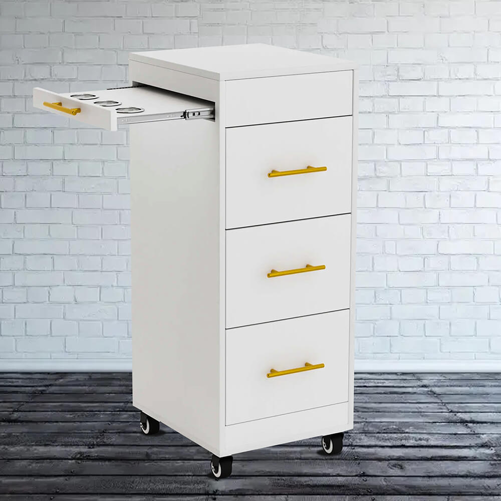 A white ToolMate cart with four drawers and yellow handles, featuring a small shelf on top.